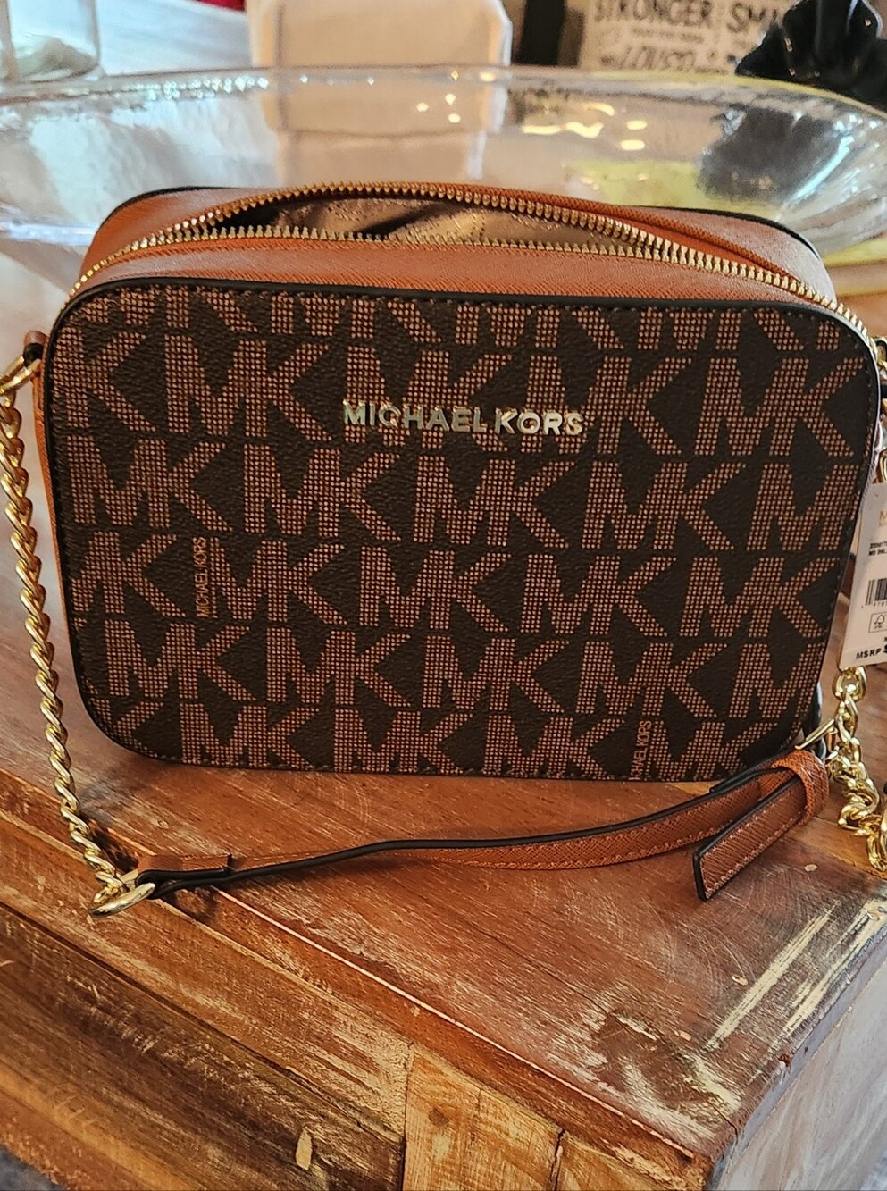 Michael Kors Brown/Tan Saffiano Leather Crossbody with Gold Hardware -- NWT